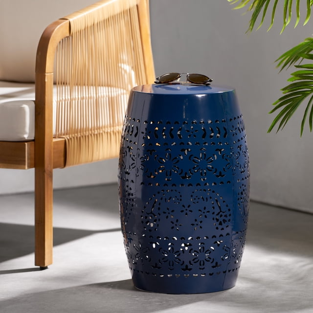Lace Cut Iron Side Table,Patio Garden Stool Coffee End Table Nightstand for Small Spaces,Living Room,Front Porch,Poolside,Dark Blue