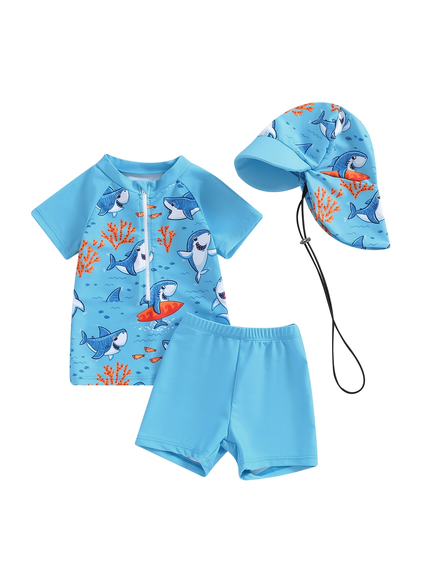 SUNSIOM Baby Boys Rash Guard Set Short Sleeve Shark Tree Print Top with Shorts Hat Swimsuit Summer Swimwear