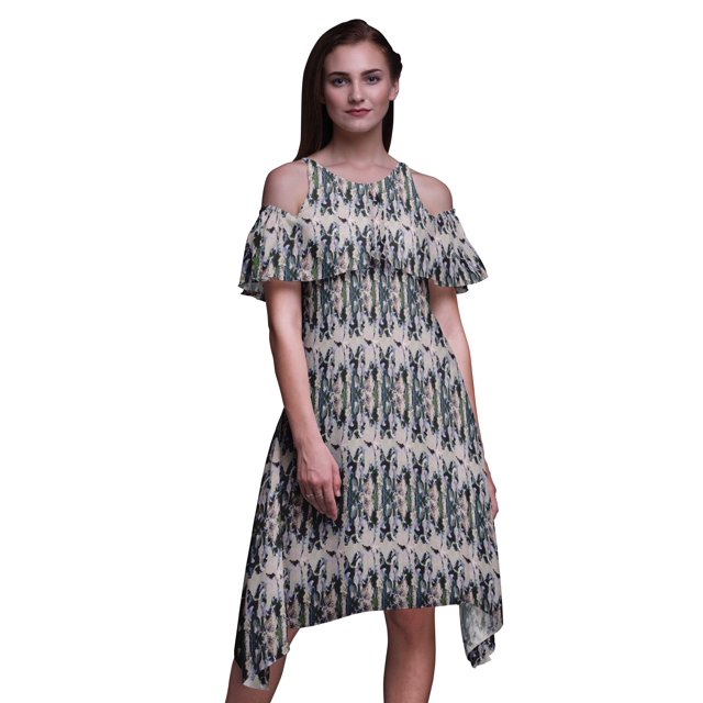 Bimba Green Tie-Dye Print Flutter Sleeve Womens Party Tunic Cold Shoulder Midi Dress - XX-Large
