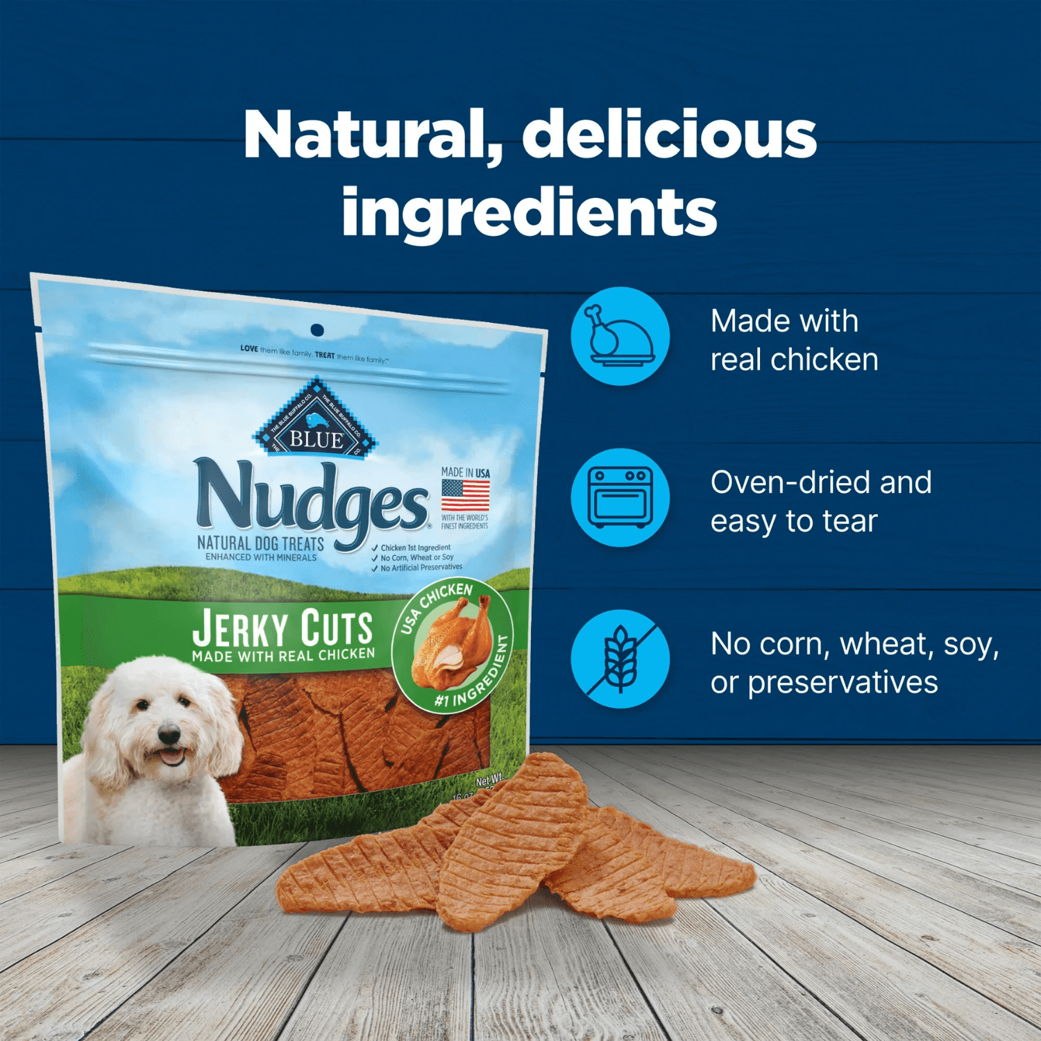 Blue Buffalo Nudges Jerky en Tranches Gateries Naturelles Pour Chiens, Poulet, 453g