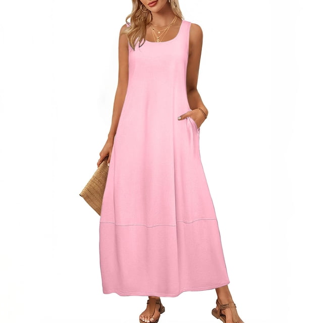 Gspmoly Robes d'Été pour Femmes, Robe Courte Décontractée Sans Manches pour Femmes, Mini Robe d'Été Printemps à Col Rond, Débardeur Ample, Robe Courte de Plage, Robes de Travail pour Femmes Économies