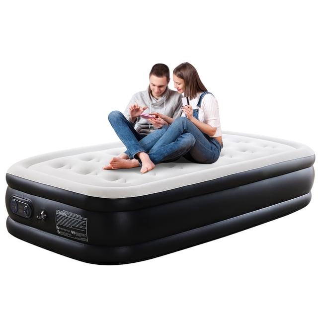 edx 18" Queen Size Air Bed with built-in electric pump, shown inflated with a black base and white top. The mattress measures 80" x 60" x 17.7" and supports up to 600 lbs. Made from durable PVC with K80 resin, it features a non-slip bottom for stability and comes with a storage bag and repair kit. Ideal for camping, outdoor use, or as a guest bed.