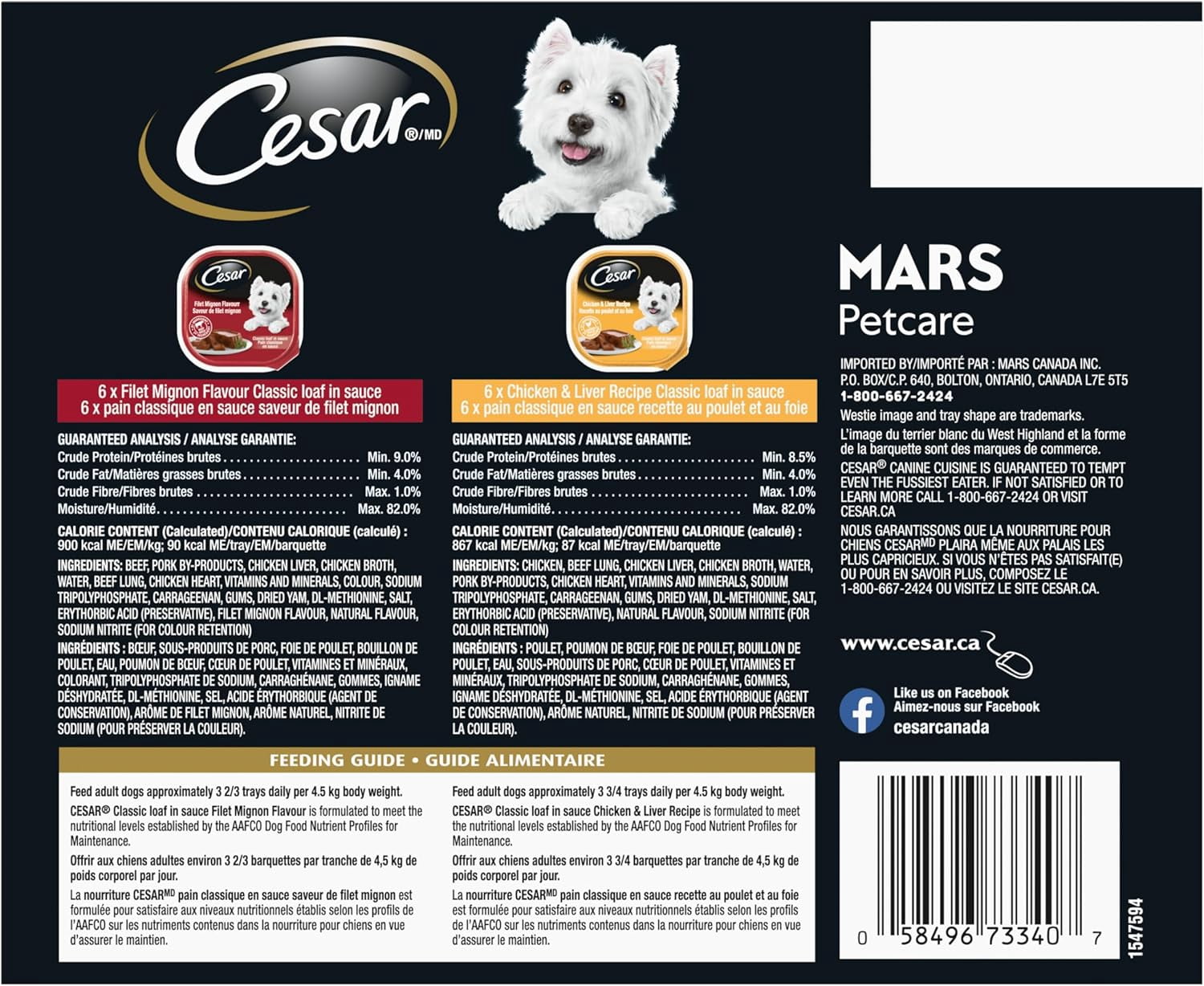 Cesar Adult Classic Loaf in Sauce Filet Mignon Flavour, Chicken & Liver Recipe Variety Pack Soft Wet Dog Food 1.2kg