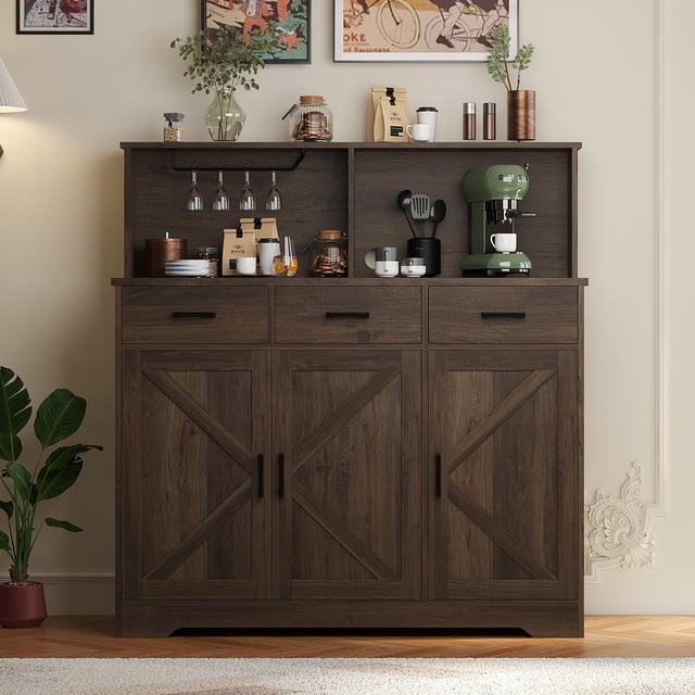 Kojooin Large Buffet Storage Cabinet, Farmhouse Kitchen Sideboard Buffet with 3 Drawers and 3 Doors, Wood Wine Bar Coffee Bar Cabinet with Microwave Stand for Kitchen, Living Room