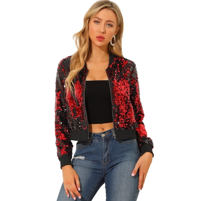 INSPIRE CHIC Blouson Bomber Court à Paillettes pour Femme à Manches Longues avec Fermeture Éclair pour Fête