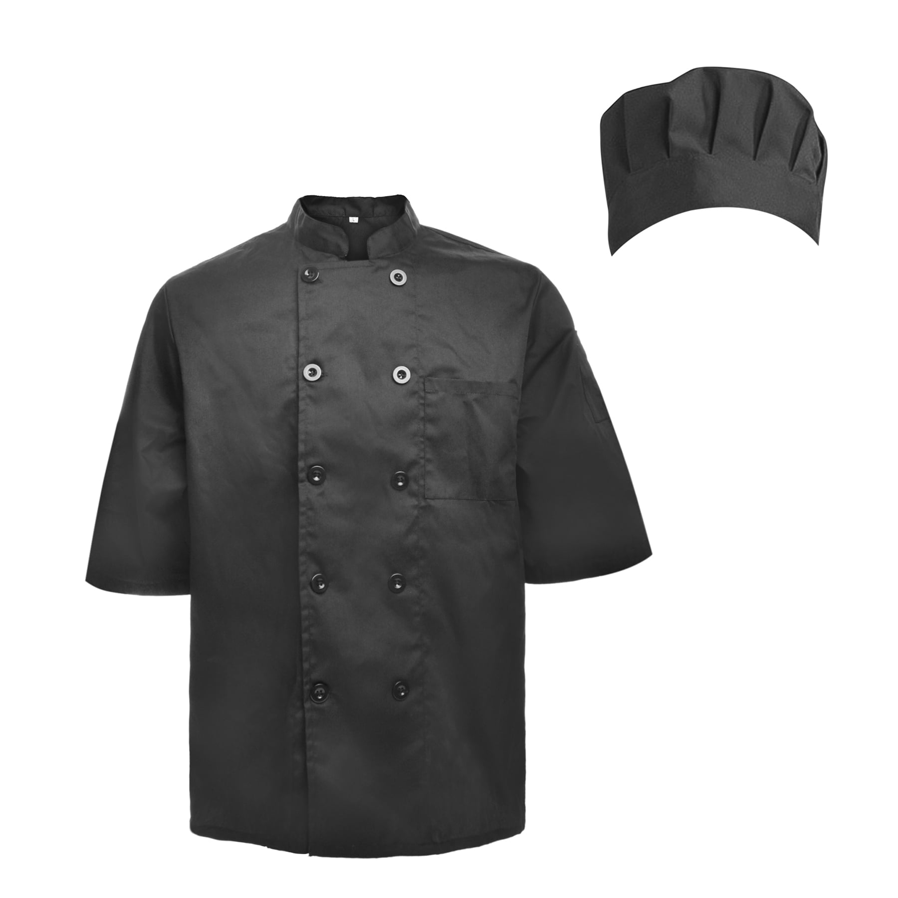 TopTie Unisex Short Sleeve Cooking Chef Coat Jacket with Adjustable Hat-Black-XXL
