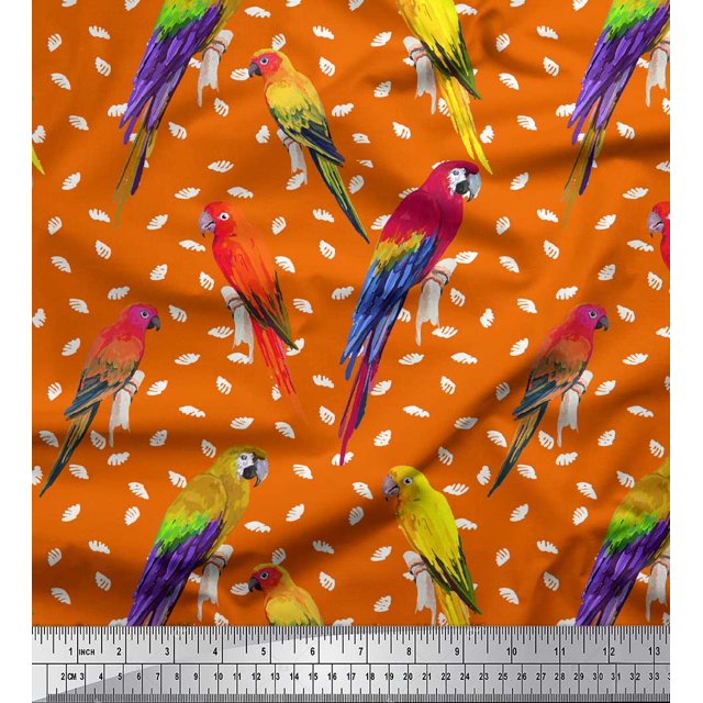Soimoi Orange polyester Crepe Fabric Macaw Parrot Bird Print Fabric by Yard 42 Inch Wide