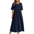 thumbnail image 2 of Meichang Robes Midi d'Été en Coton et Lin pour Femmes 2024, Robes Tuniques de Vacances, Unies, Col Rond, Manches Courtes, Robes Décontractées Évasées pour le Travail, Bleu Foncé, S, 2 of 6