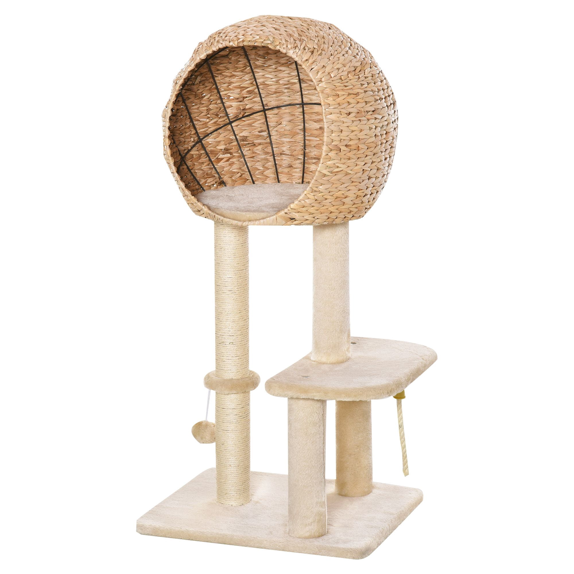 Beige Cat Tree with Scratching Post & Condo - 39" Tall Indoor Cat Tower for Play & Lounging - Plush Perches & Hanging Ball - Compact Design