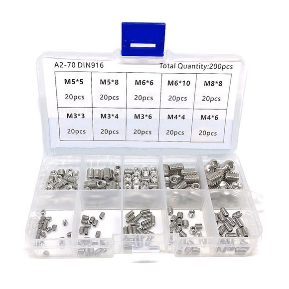 Yeacher 200pcs Hex Grub Screws Kit Set Screws 304 Stainless Steel /M4/M5/M6/M8 Grub Screw Assortment Packed in Organizer Box