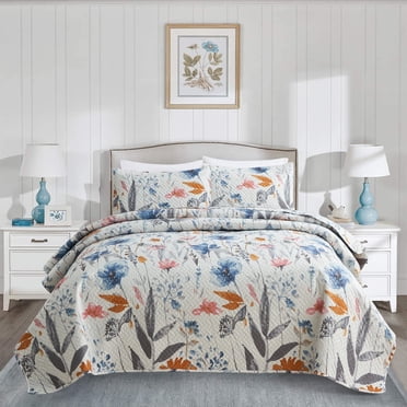JML Ensemble de Courtepointe Florale, 3 Pcs, Microfibre Douce, Très Grand Lit, Bleu