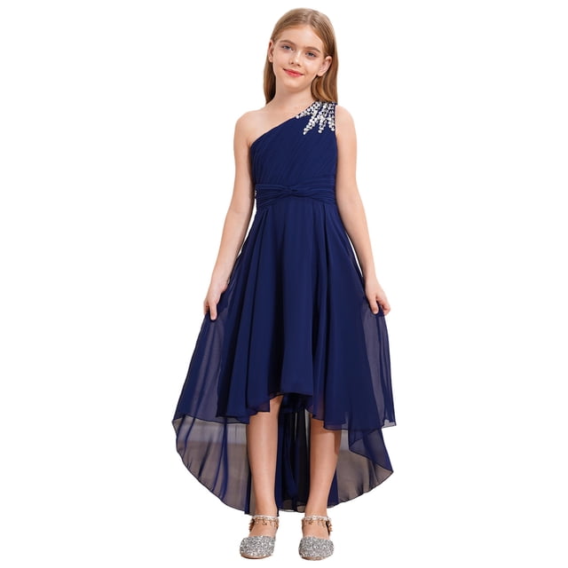 Oyolan Robe de Demoiselle d'Honneur Junior pour Fille, Perles, une Épaule, Ligne A, Mariage, Concours, Fête, Robe de Bal, Bleu Marine, 10
