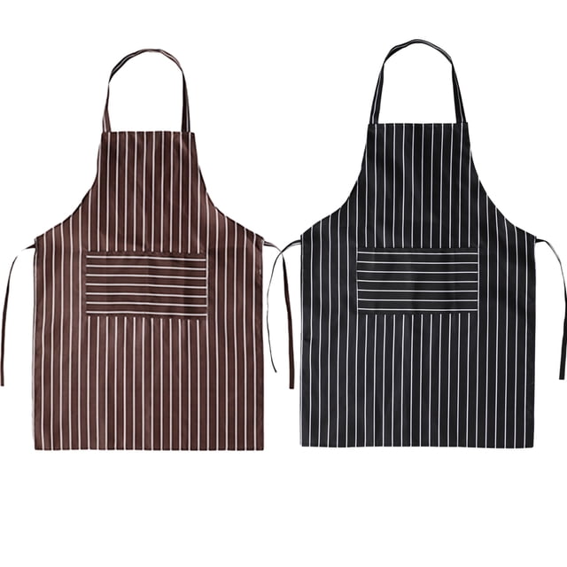 2PCS Waterproof Apron Simple Fashion Stripe Apron in coffee and black colors, designed with vertical white stripes and a front pocket. These durable cloth aprons are waterproof and oilproof, ideal for kitchen linens and cooking tasks, suitable for both men and women.