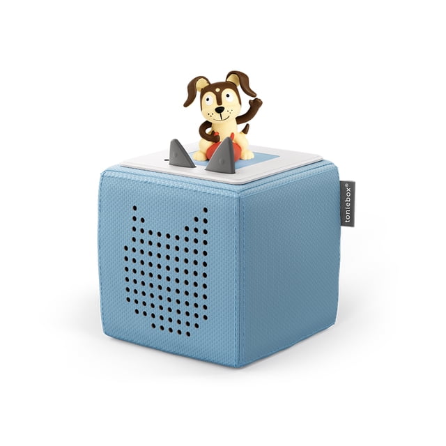 Tonies Ensemble de Départ Chiot Temps de Jeu Bleu - Bilingue avec un cube Toniebox Bleu Pâle Recouvert de Tissu avec une grille de Haut-Parleur Visage de Chat Perforé, Surmonté d'Une figurine de Chiot Brun et Crème Tenant une Balle Rouge, et Deux Oreilles Grises comme Boutons de Contrôle, Conçu pour le Jeu audio Sans Écran pour Enfants.