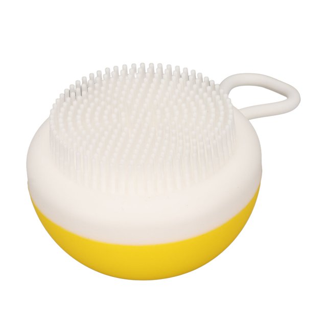 Brosse Distributrice de Shampoing pour Chat, Brosse de Bain pour Animaux en silicone Souple au design Jaune et Blanc. Présente une Forme Ergonomique Arrondie avec 19 Dents Peigne Souples pour le Bain, le Massage et la Perte de Poils des Animaux. Comprend un Distributeur de Shampoing Intégré pour une Utilisation Pratique. Convient aux Chiens et aux Chats à Poils Longs Ou Courts.