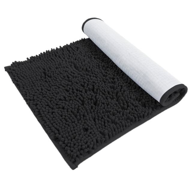 Hitime Soft Chenille Bath Rug Mat 16x24 in black, crafted with ultra-absorbent microfiber chenille and a textured TP rubber non-slip backing. Machine washable, quick-drying, and fade-resistant, this bathroom runner adds luxury and warmth to bathrooms or hallways. Pair with the matching chenille collection for a coordinated look.