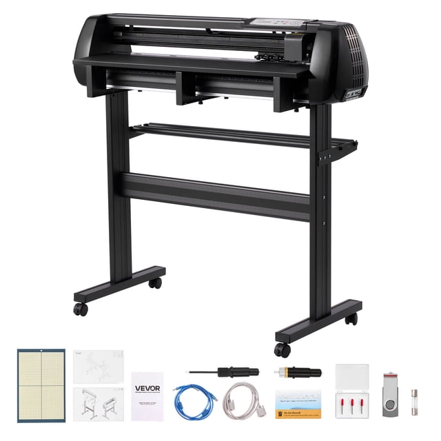 VEVOR Vinyl Cutter Machine with a 34-inch maximum feed width, dual blades, and adjustable force and speed. The machine features an aluminum alloy frame, caster wheels with locks, and a LED display. It includes accessories such as a cutting mat, USB cable, serial cable, power cable, pen holder, and SignMaster software. Suitable for cutting vinyl, HTV, adhesive vinyl, and more with ±0.1 mm precision.