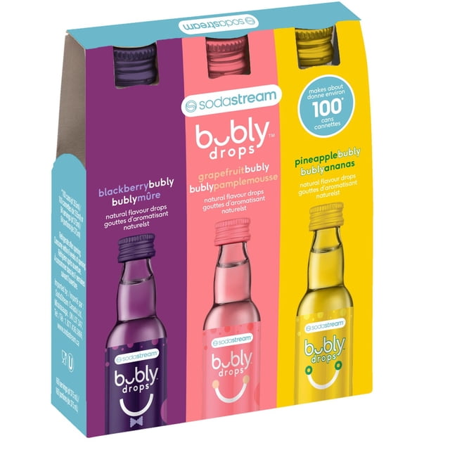 BUBLY Assortiment Mûre Pamplemousse Ananas Lot de 3 avec Trois Bouteilles de 40 ml SodaStream BUBLY drops en Arômes Naturels de Mûre, Pamplemousse et Ananas, Chaque Bouteille Préparant Environ 33 Canettes d'Eau Pétillante Sans Calories Sans Édulcorants, Emballées dans une Boîte Colorée Idéale pour Arôme d'Aliments de Garde-Manger et d'Eau Pétillante.