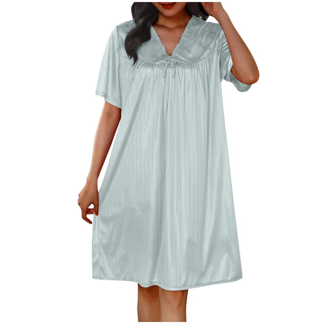 Timegard Robe de Nuit pour Femmes Col en V Manches Courtes Tenue d'Intérieur Décontractée Ample Confortable Robe de Maison Couleur Unie