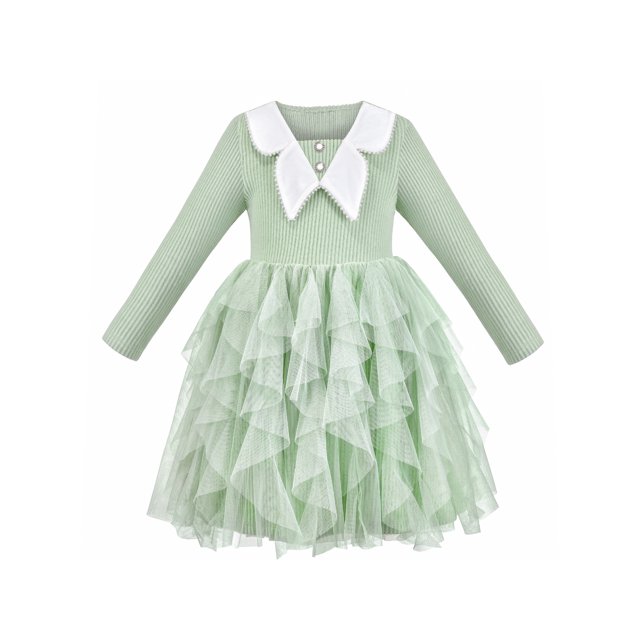 Robe Fille Verte Tricot Côtelé Perles Volants Manches Longues Tutu 6 Ans