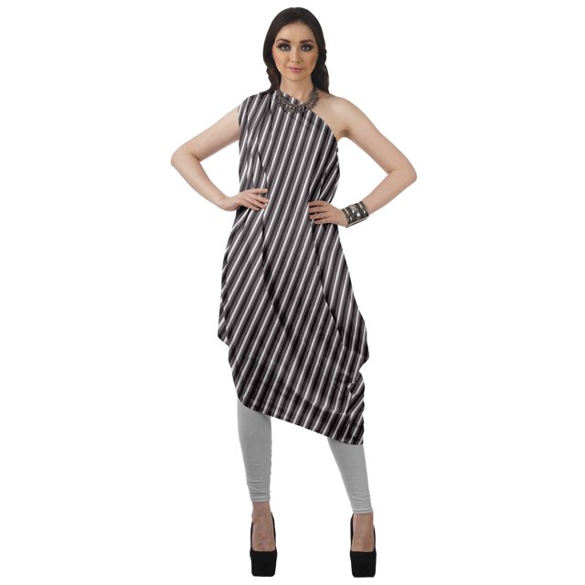 Moomaya Robe Kurti à une Épaule Imprimée pour Femme, Sans Manches, à Col Bénitier, Style Bohème, Tenue de Soirée de Designer