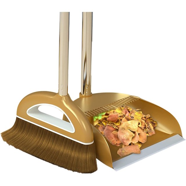 LAICAIW Broom with Dustpan Combo Set, a sweeping tool designed for home, kitchen, lobby, and outdoor use. The broom features thick PET bristles for effective cleaning, while the dustpan includes a comb-shaped filter for removing debris like pet hair. Made of durable PP and stainless steel, the set is rust-resistant and space-saving with a hanging design. The dustpan has a flat base for easy collection.