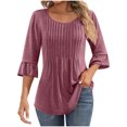thumbnail image 1 of MeetoTime Tuniques pour Femmes Manches 3/4 Décontractées Col Rond Plissé Couleur Unie T-Shirt Pull, 1 of 6