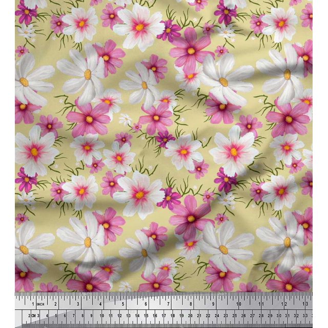 Soimoi Polyester Crepe Fabric Cosmos Floral Printed Craft Fabric by The Yard 52 Inch Wide