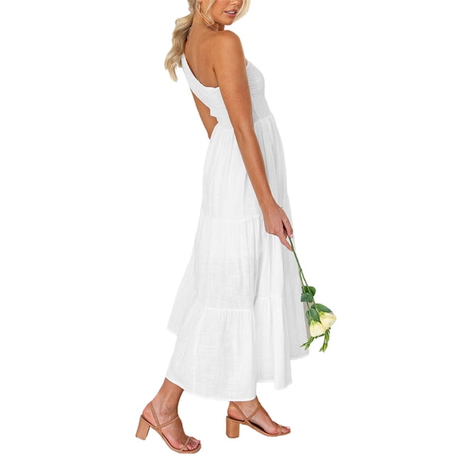 Robe Longue Femme Décontractée Plissée Midi Robe de Soirée Danse Plage Vacances Bureau Mode Été Blanc TG