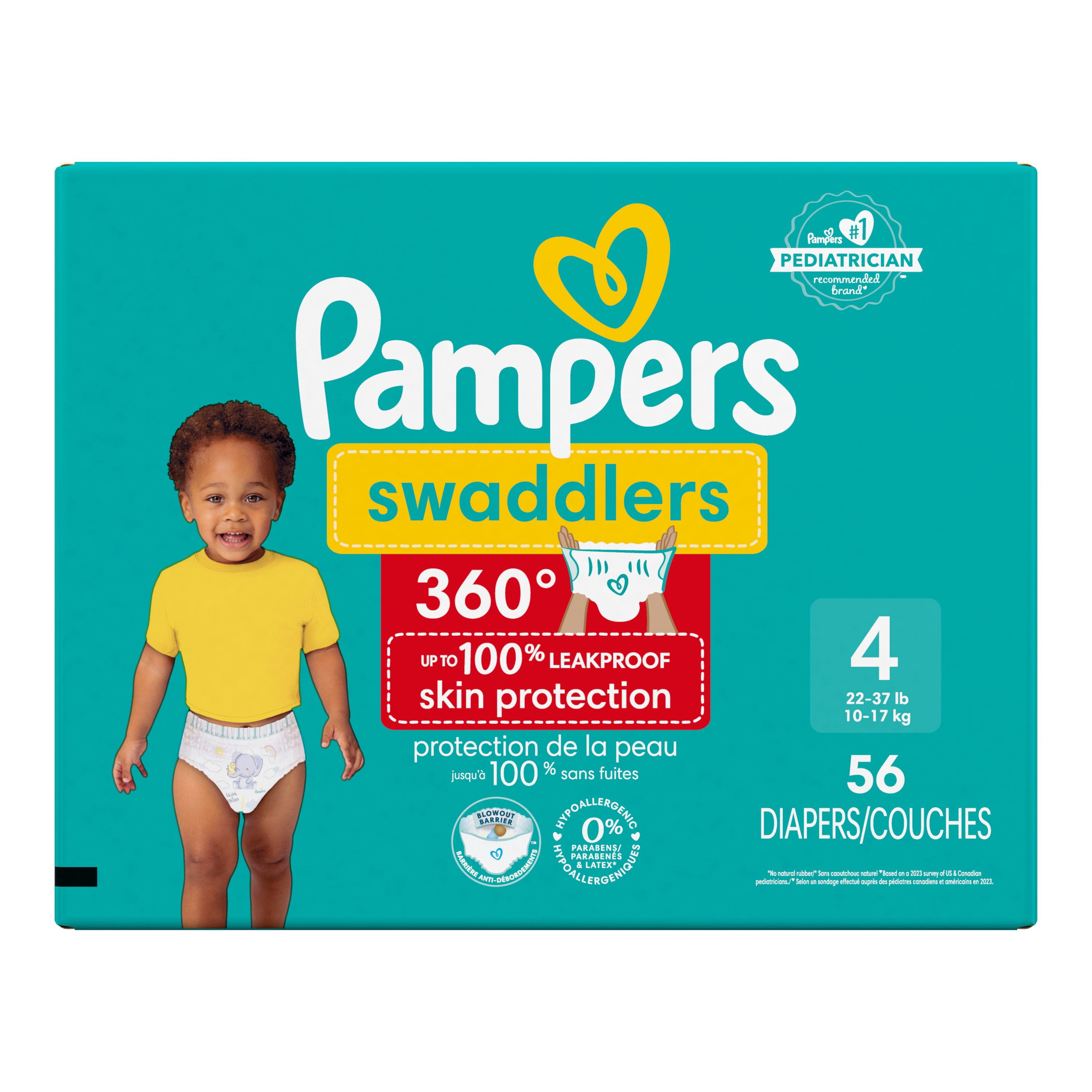 Pampers Couches - Swaddlers 360° - Taille 4, jusqu'à 100 % Anti-Fuites, Coupe Confortable et Sèche, Languettes Faciles à Enlever pour un Change Facile, Couche à Enfiler