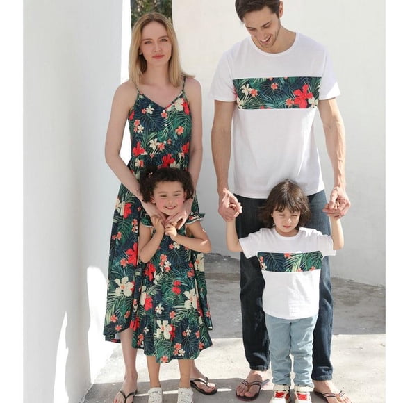 Full Family Look Mother and Daughter Sleeveless Dresses Mom Girls Matching Outfits Floral Father Son T-Shirt Mommy and Me