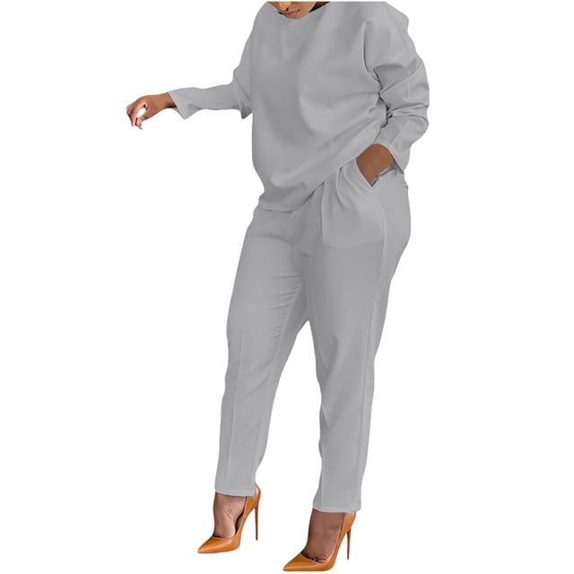 Yuyuzo Ensembles d'Automne pour Femmes Hauts à Manches Longues à Col Ras du Cou avec Pantalons à Jambe Droite Couleur Unie Ensembles 2 Pcs