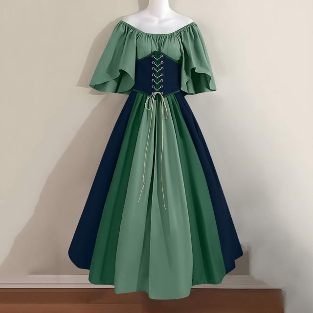 FcBaudy Robe de Cour pour Femme Style Médiéval Rétro Gothique à Contrastes avec Empiècements, Manches Volantées, Taille à Lacets et Grande Jupe, Robe de Soirée à une Épaule pour Bal, Robes pour Femmes