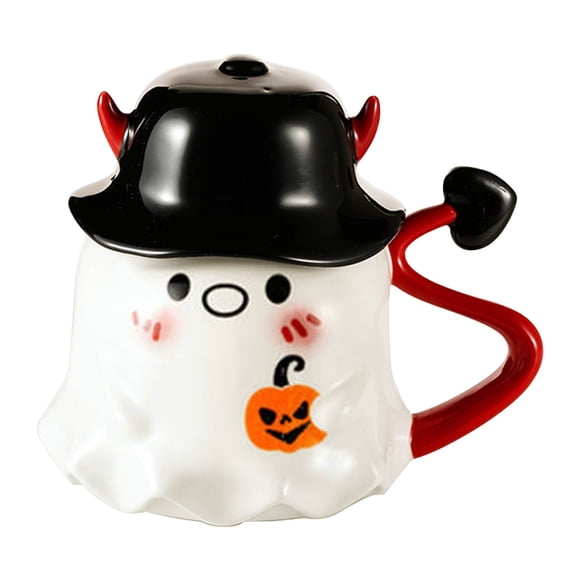 Spooky Ghost Mug Halloween Ceramic Coffee Mug with Lid White Ghost Shaped Cup with Handle Novelty Mug with Witch Hat Lid for Halloween Decor and Best Gifts for Coffee Lover