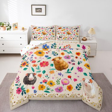 Guinea Pig Comforter Set Boho Floral Toddler Bedding Sets for Boys,Rainbow Wildflower Quilt Rustic Flowers Cavy Duvet Insert,Botanical Hamster Cottagecore Decor,Beige