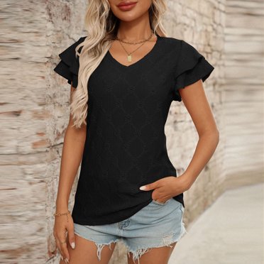 asjyhkr Hauts d'Été pour Femmes Col en V Légers Manches Courtes T-Shirts Habillés Décontractés T-Shirts Unis Basiques