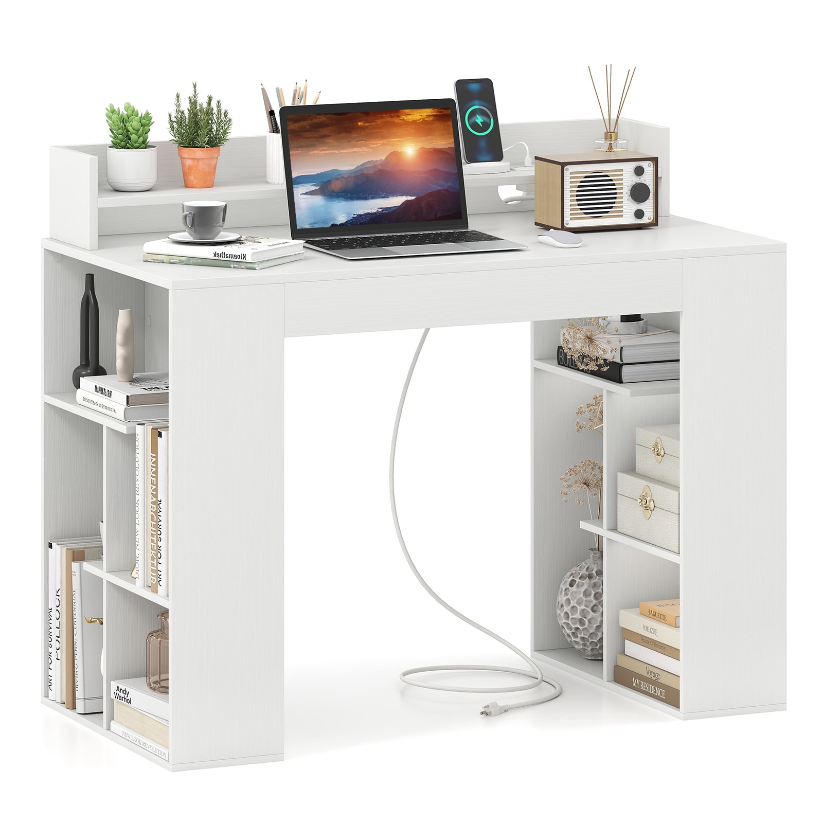 Patiojoy 43" Computer Desk w/ Built-in Charge Station Home Office Desk w/ Monitor Shelf Cable Hole