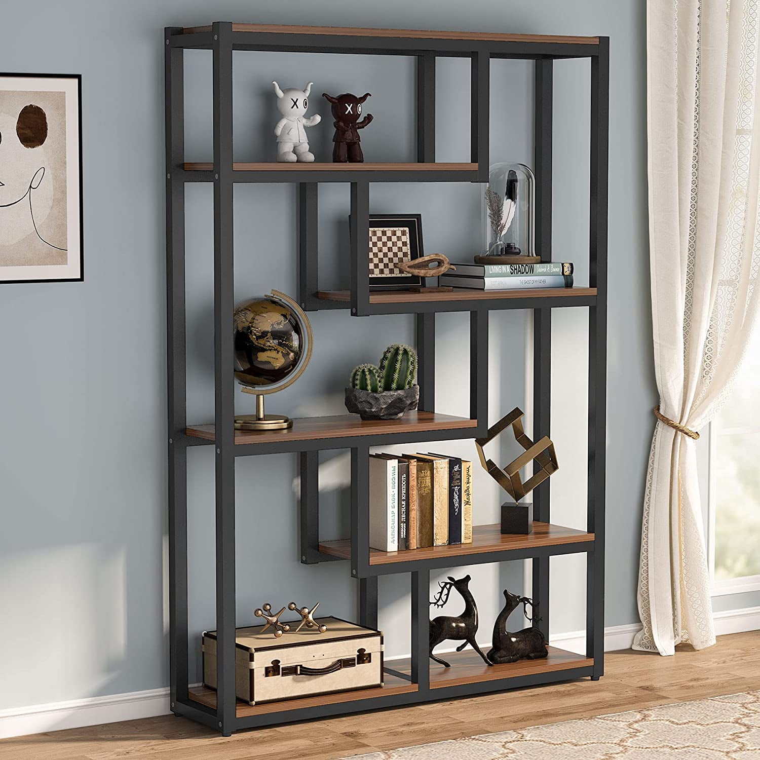 Tribesigns 6-Shelf Bookshelf, Industrial Display Etagere Bookcase for Home Office, Dark Walnut
