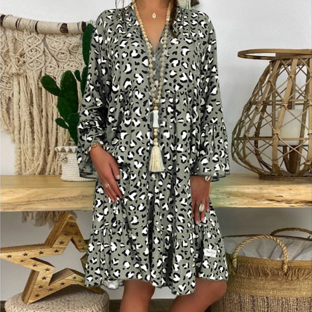 Womens Summer Dresses Ladies Plus Size Loose Print Long Sleeve V Button Mini Summer Dress Green XL