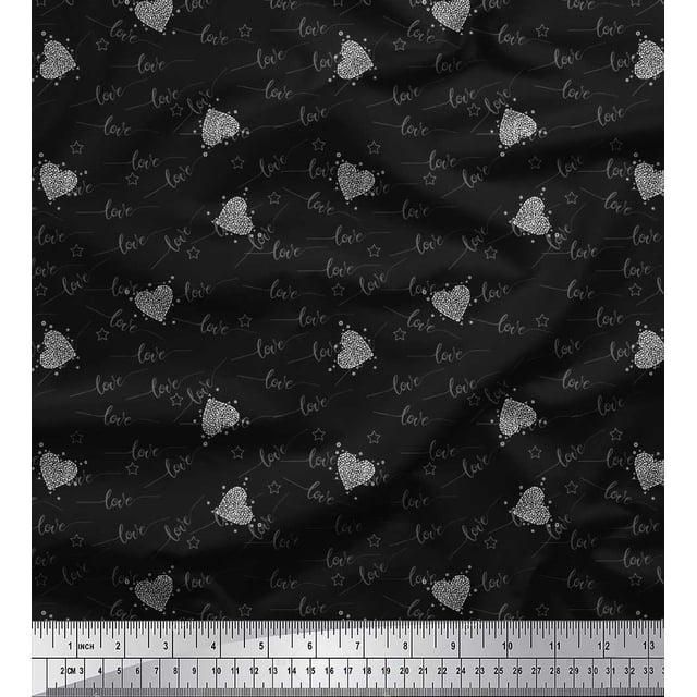 Soimoi Black Rayon Fabric Heart & Love Text Print Sewing Fabric Yard 56 Inch Wide