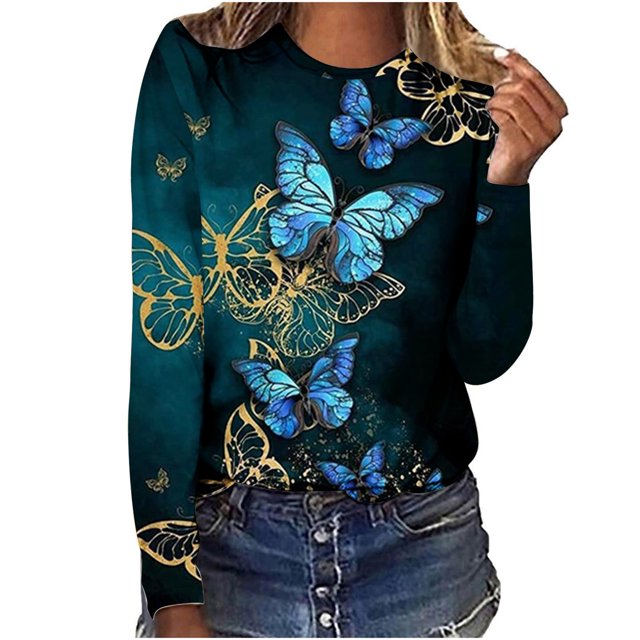 IROINID Liquidation T-Shirts à Manches Longues pour Femmes Détente Col Rond Haut Imprimé T-Shirt Blouse, Marine