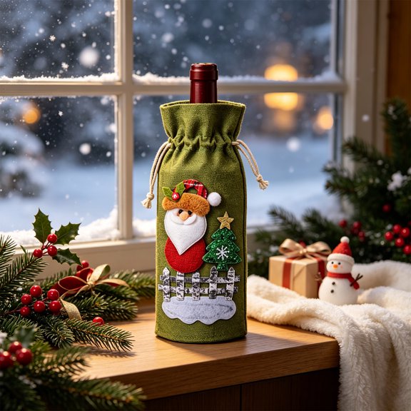 EGNMCR Christmas Decorations, Christmas Ornaments Personalized Printed Linen Wine Drawstring Bags With Santa And Fence Motifs Xmas Wine Bottle Covers Christmas Party Decorations Linen drawstring pouch