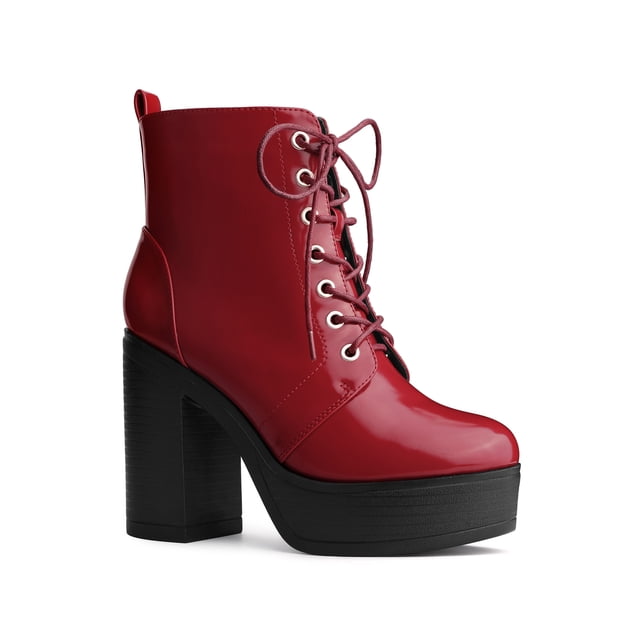 Unique Bargains Bottes de Combat Western à Plateforme à Lacets à Talon Épais pour Femme Rouge (Taille 6)