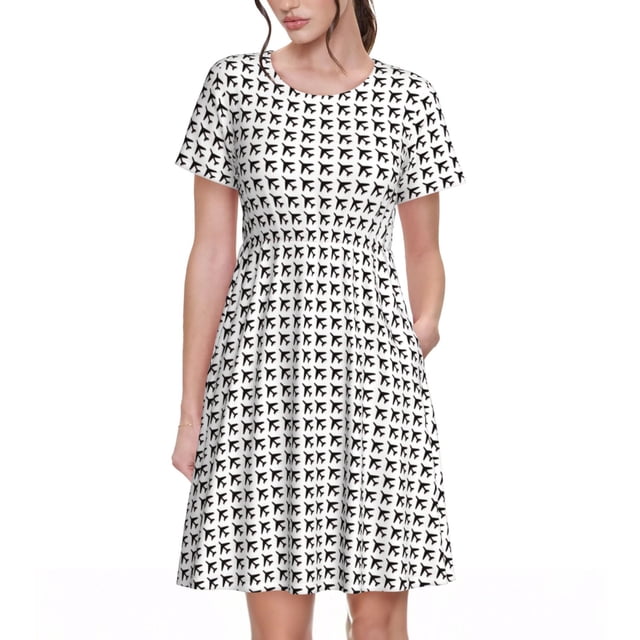 Bixox Robe d'Été à Manches Courtes pour Femmes Robe Ample Longueur Genou avec Poches-Avion