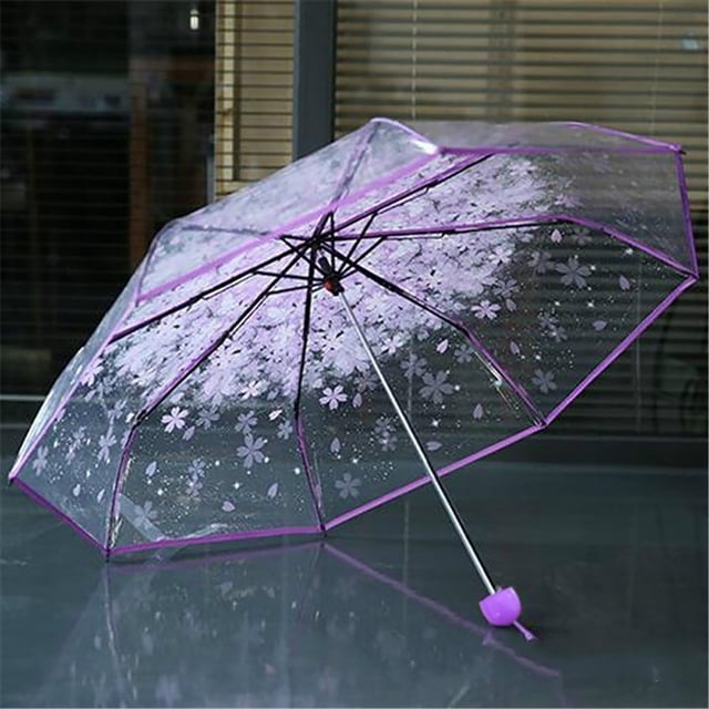 Meitianfacai Mini Compact Umbrella - 37" Clear Umbrella with Strong 8 Ribs - Windproof Waterproof Travel Umbrella with Sakura Pattern, Lightweight Portable Umbrella for Women Girls