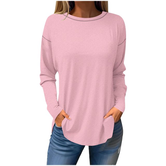 Timegard Hauts Grande Taille pour Femmes Col Rond Manches Longues Couleur Unie T-Shirt Confortable Automne Décontracté Ample Hauts