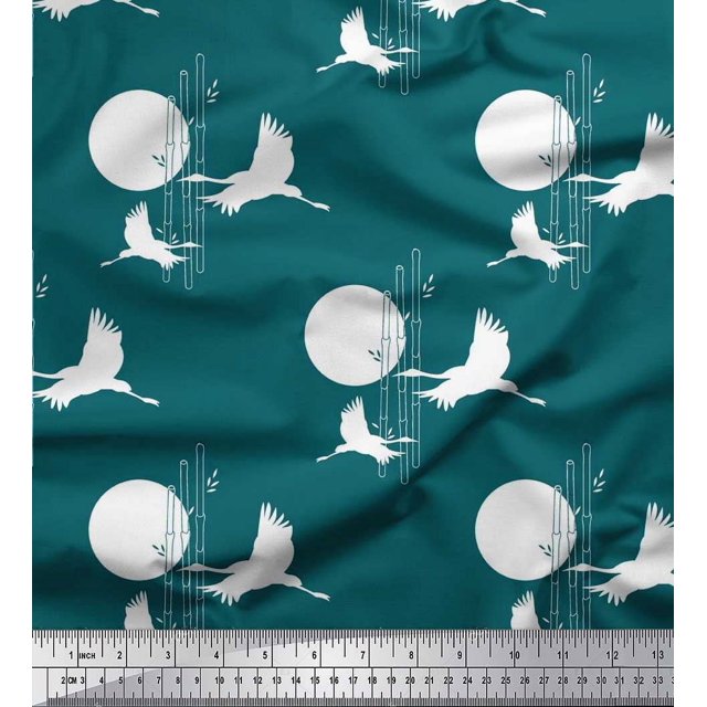 Soimoi Rayon Fabric Bamboo Tree,Moon & Stork Bird Print Fabric by The Yard 42 Inch Wide