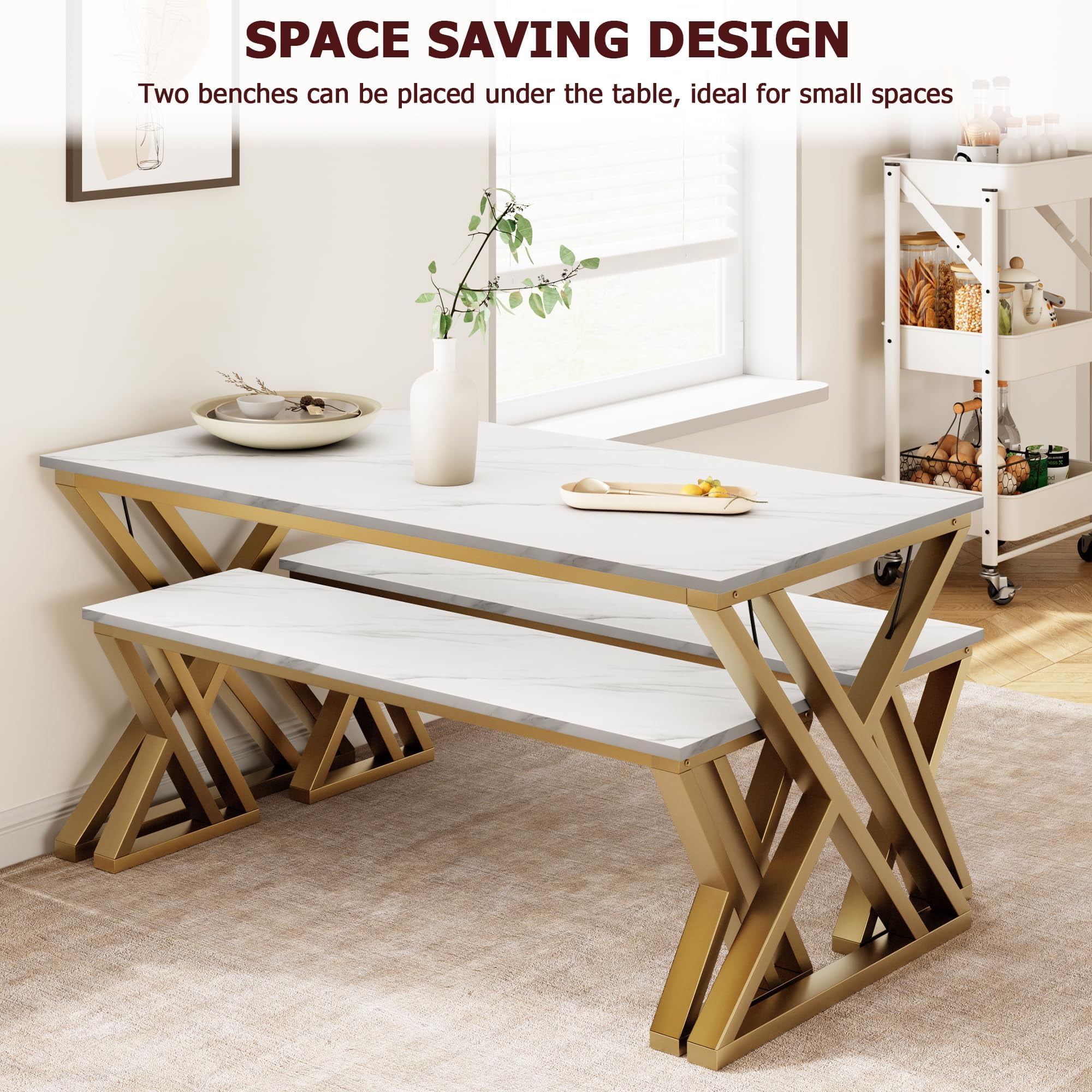 Kojooin Dining Table Bench Set for 4 – Rectangular Kitchen & Dining Room Table with Faux Marble MDF Top, Sturdy X-Shaped Metal Frame