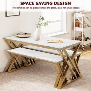 GloryStar Dining Table Bench Set for 4, Rectangular Kitchen & Dining Table with Faux Marble MDF Top, Sturdy X-Shaped Metal Frame