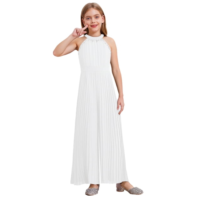 TiaoBug Girls Round Collar Sleeveless Pleated Beading Rhinestone Jumpsuit - High Waist Wide Leg for Party White 12
